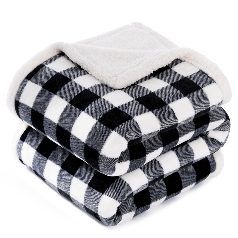 BEAUTEX Sherpa Fleece Flannel Throw Blanket, Super Soft Warm Buffalo Plaid Plush Blankets and Throws, Lightweight Cozy Fuzzy Blanket for Couch Sofa Bed (Black, Throw 50" x 60") - Image 1